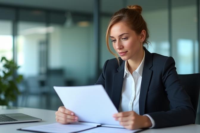 Une personne examinant des documents financiers complexes, illustrant la conformité réglementaire internationale et l'attention aux détails, avec une ambiance de bureau moderne et professionnel.