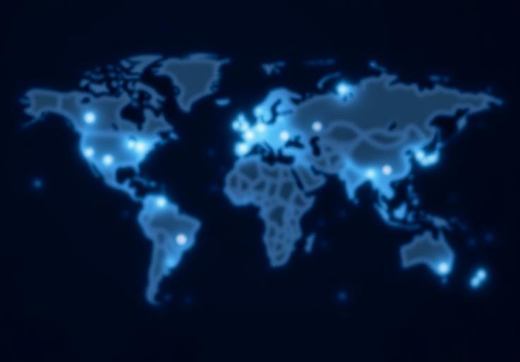 Carte du monde interactive stylisée avec des points lumineux marquant les emplacements des partenaires de Neovian Subsidium et des lignes de connexion. L'image dégage une impression de réseau global interconnecté et dynamique.