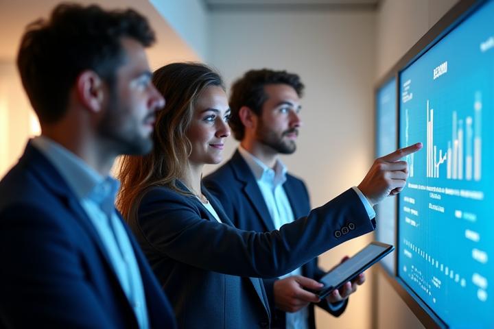 Clients satisfaits de Neovian Subsidium découvrant des opportunités financières sur un graphique de croissance.