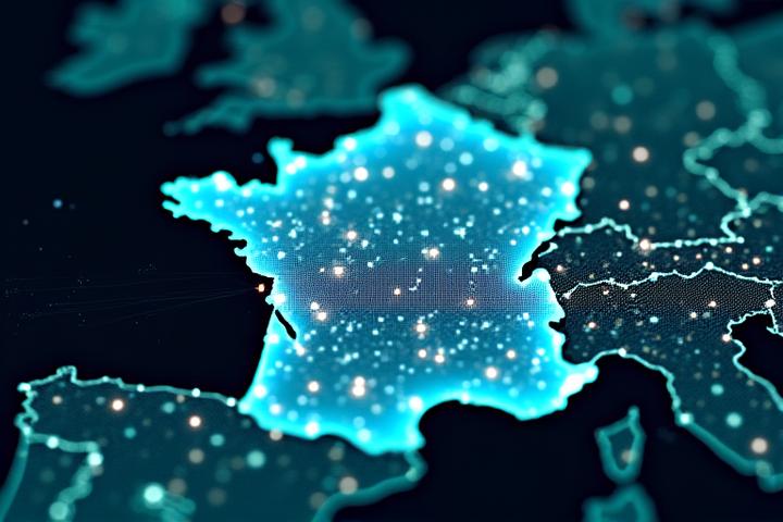 Carte interactive stylisée de la France et de l'Europe avec des points lumineux indiquant des sources de financement.