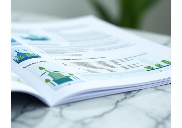 Aperçu d'un rapport d'analyse sur la transition écologique, avec des icônes d'énergie renouvelable et de développement durable.