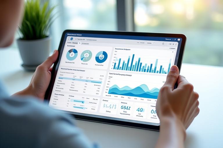 Capture d'écran d'un tableau de bord de projet financier moderne avec graphiques, indicateurs de performance clés et alertes, affiché sur une tablette tactile.
