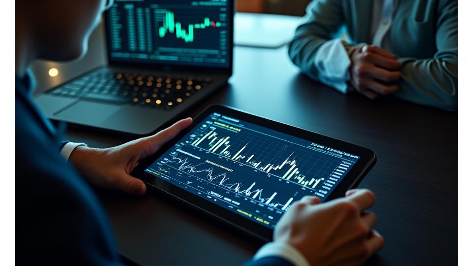 Graphiques financiers projetés sur un écran lors d'une session de modélisation stratégique.