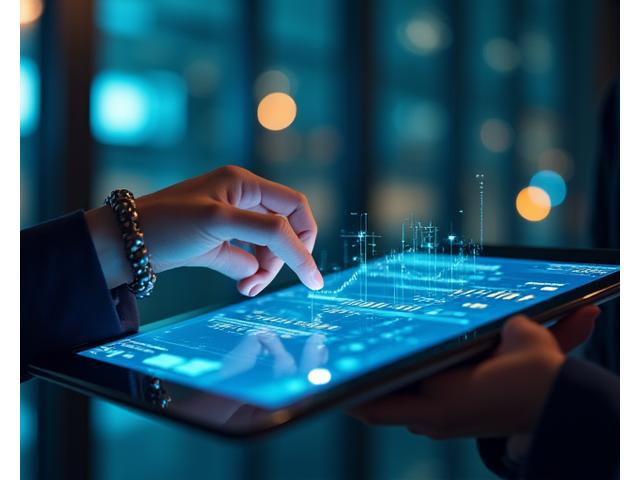 Vue rapprochée d'une personne consultant des rapports financiers sur une tablette, avec des graphiques d'évolution et des indicateurs lumineux.