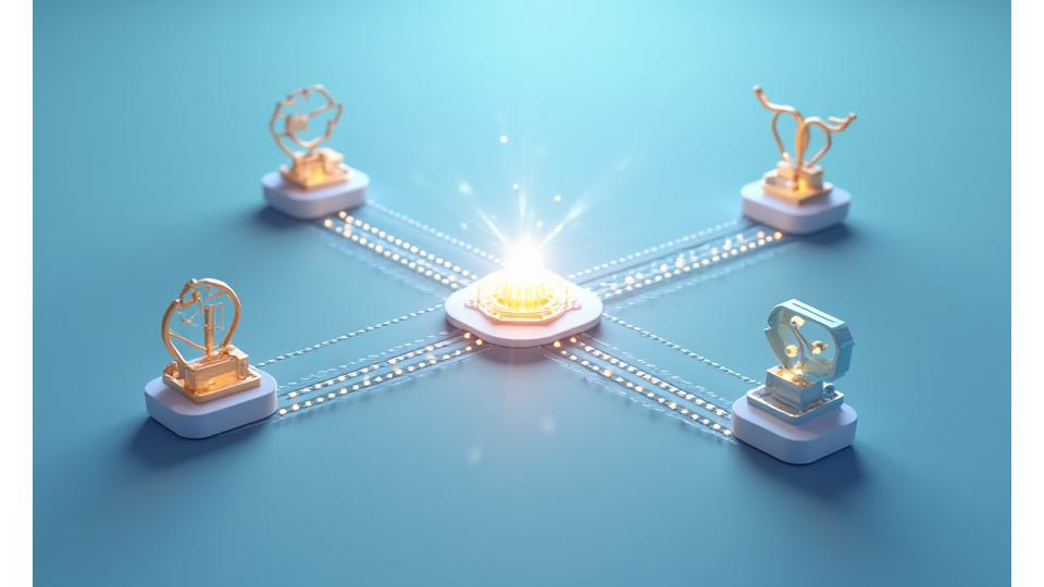 Illustration abstraite de différentes icônes représentant des secteurs d'activité (technologie, industrie, santé, énergie) connectées par des lignes, symbolisant l'interdépendance et les opportunités.