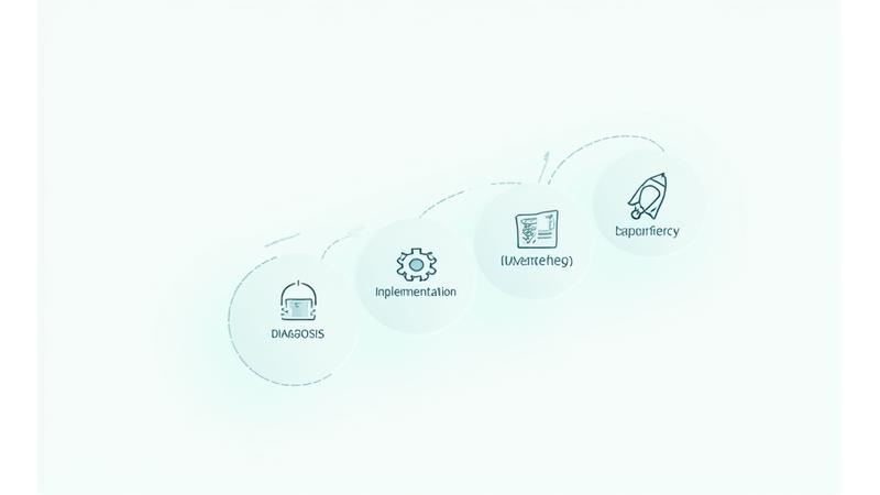 Schéma visuel montrant un parcours méthodologique en quatre étapes interconnectées avec des icônes représentant le diagnostic, l'opportunité, la stratégie et l'implémentation.