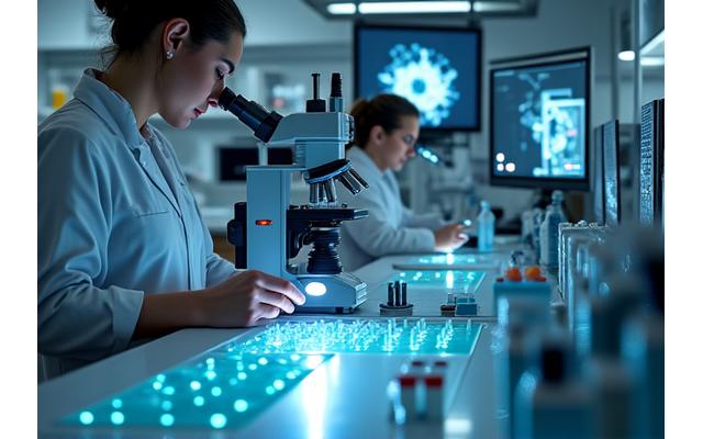 Un laboratoire de recherche avec des scientifiques travaillant sur des équipements de pointe, symbolisant la R&D.