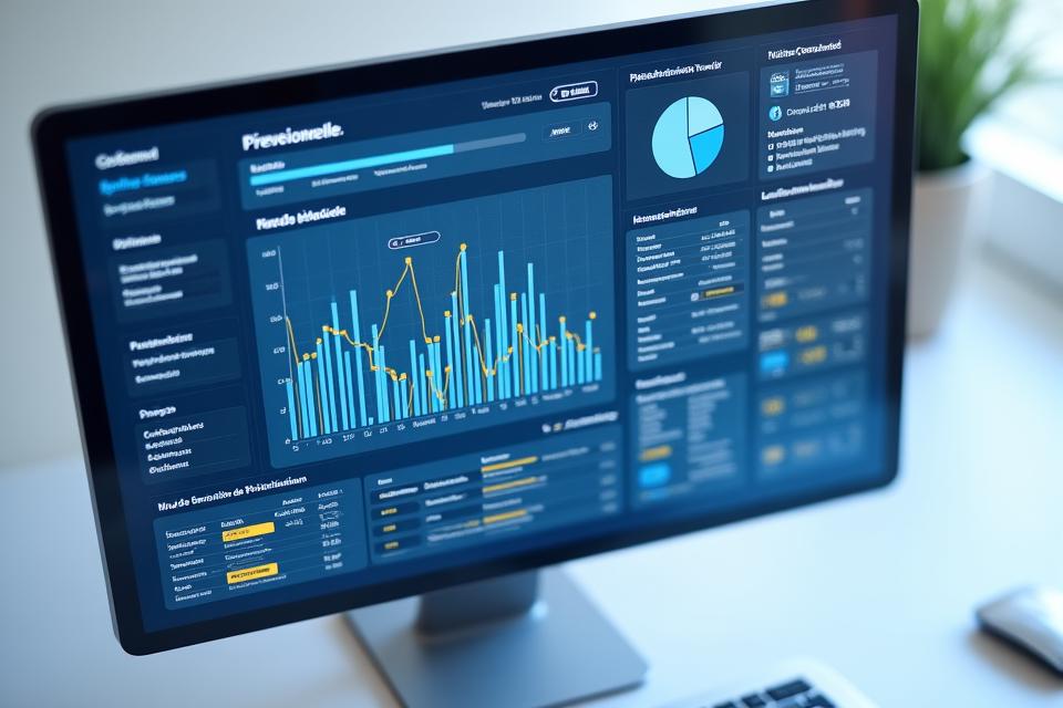 Illustration d'un écran d'ordinateur affichant des graphiques financiers complexes, des tableaux de données et des curseurs interactifs, symbolisant l'analyse des composants d'un modèle financier.