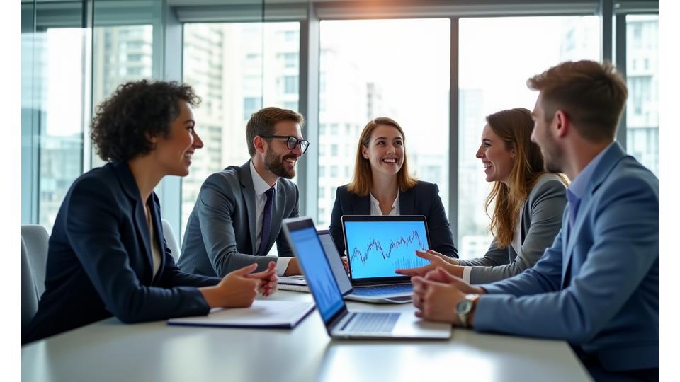 Image d'un groupe diversifié de professionnels souriants et confiants, en pleine discussion dans un bureau moderne et lumineux, symbolisant la réussite de projets financés et la satisfaction client.
