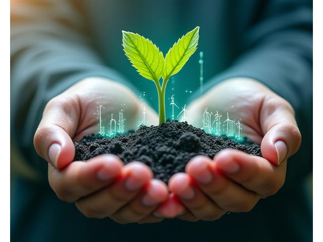 Des mains tenant une petite plante verte émergeant de terre, entourée de données et de symboles écologiques, représentant l'innovation durable.