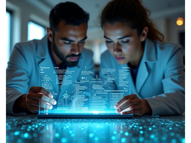 Professionnels analysant un document complexe avec des équations et des graphiques, symbolisant la recherche et le développement académique.