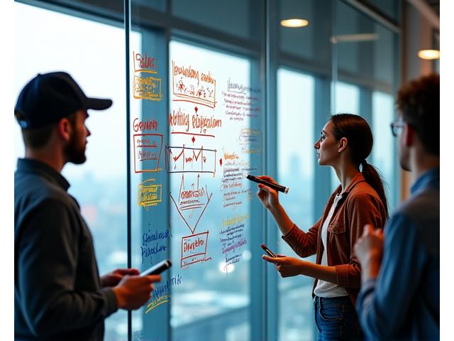 Une équipe dynamique collaborant autour d'un tableau blanc avec des schémas d'entreprise et des indicateurs de croissance, représentant le potentiel entrepreneurial.