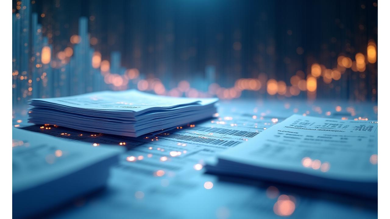 Illustration abstraite de documents empilés avec des graphiques de croissance et des symboles de succès financier, dans une lumière éthérée symbolisant l'obtention de fonds.