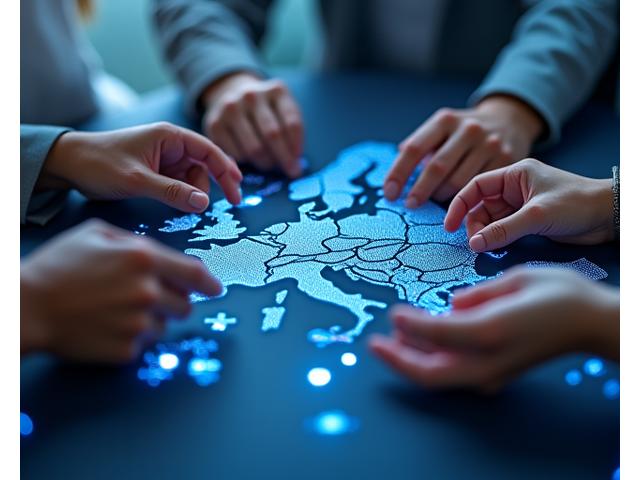 Des mains diverses connectant des pièces de puzzle représentant des pays européens, symbolisant la collaboration internationale et les consortiums.
