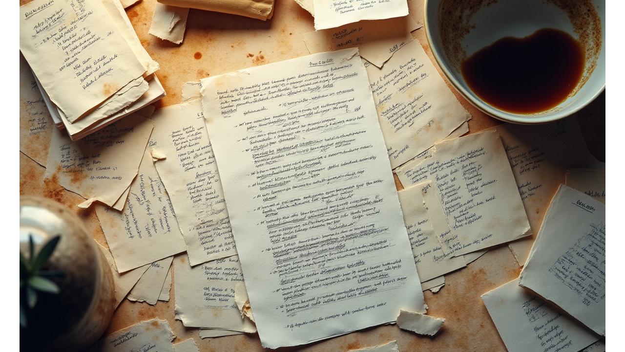 Exemple d'un dossier de subvention 'avant' Neovian Subsidium: brouillon désorganisé, peu clair, avec des annotations manuscrites et des sections incomplètes, ambiance chaotique.
