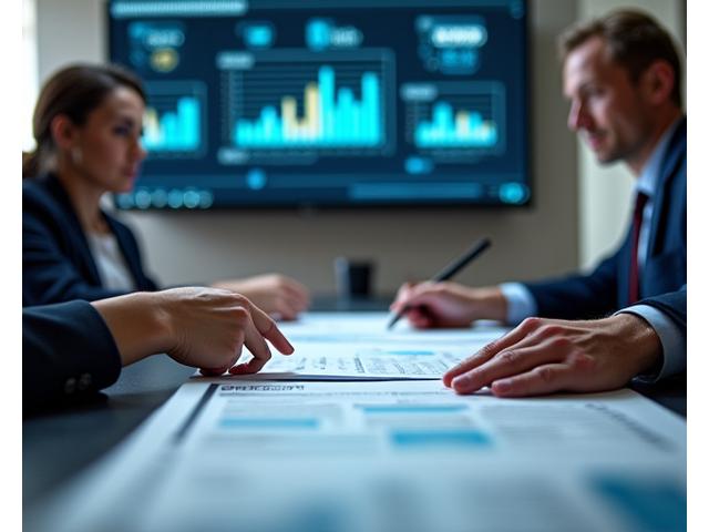 Un consultant expliquant des documents à un client dans un bureau moderne, avec des graphiques symbolisant la stratégie personnalisée.
