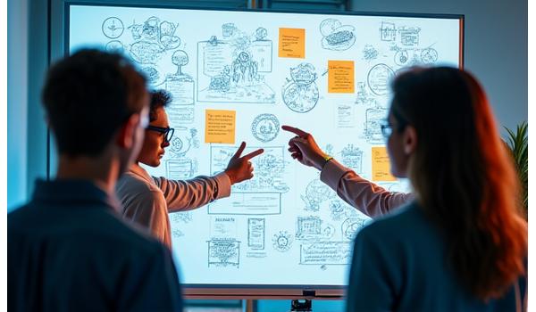 Photo d'une équipe de jeunes innovateurs esquissant des idées sur un tableau blanc, symbolisant le début d'un projet de startup.