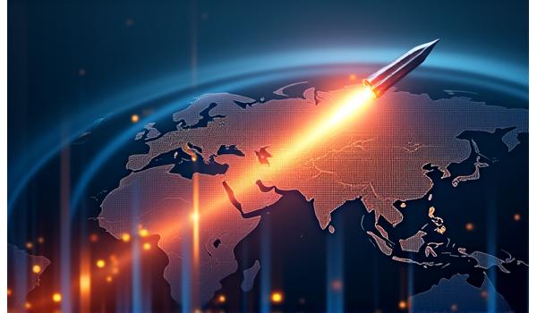 Illustration d'une flèche de croissance rapide traversant différentes étapes, symbolisant l'hypercroissance et l'expansion internationale pour une startup.