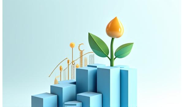 Représentation visuelle de la croissance d'une startup, avec des graphiques ascendants et des engrenages, symbolisant la structuration et le développement.