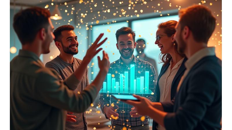Groupe de fondateurs de startups célébrant une réussite financière, symbolisant l'impact du financement public sur leur croissance.