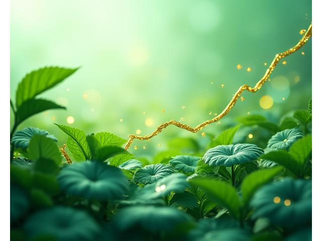 Illustration abstraite de la transition écologique avec des feuilles stylisées et des éléments financiers, sur fond vert dégradé