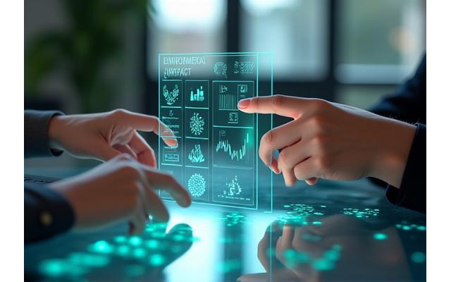 Image d'une main tenant une tablette affichant des graphiques de croissance verte et une icône de feuille, symbolisant l'évaluation de projet durable et le potentiel de financement