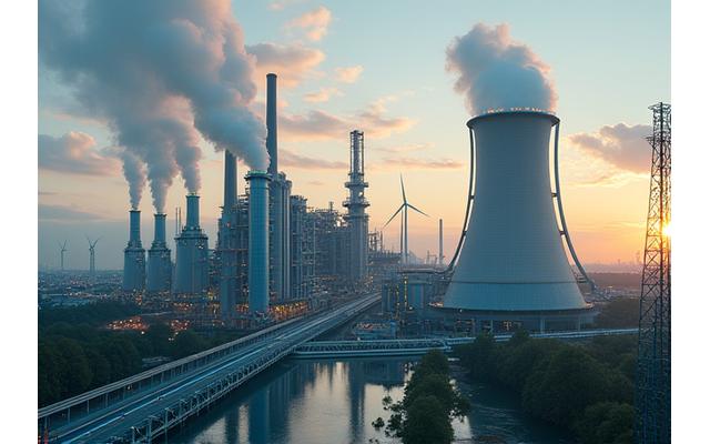 Photo d'une usine moderne et efficiente dont les cheminées émettent de la vapeur au lieu de fumée, symbole de décarbonation