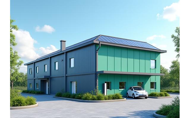 Photo d'une PME avec des panneaux solaires sur le toit et des véhicules électriques en stationnement, évoquant la transition énergétique