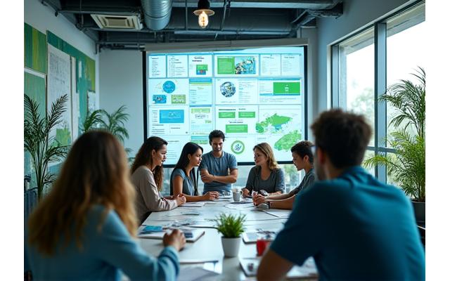 Photo d'une équipe de startup jeunes et dynamiques travaillant sur des ordinateurs dans un bureau moderne et lumineux, avec des éléments de design vert